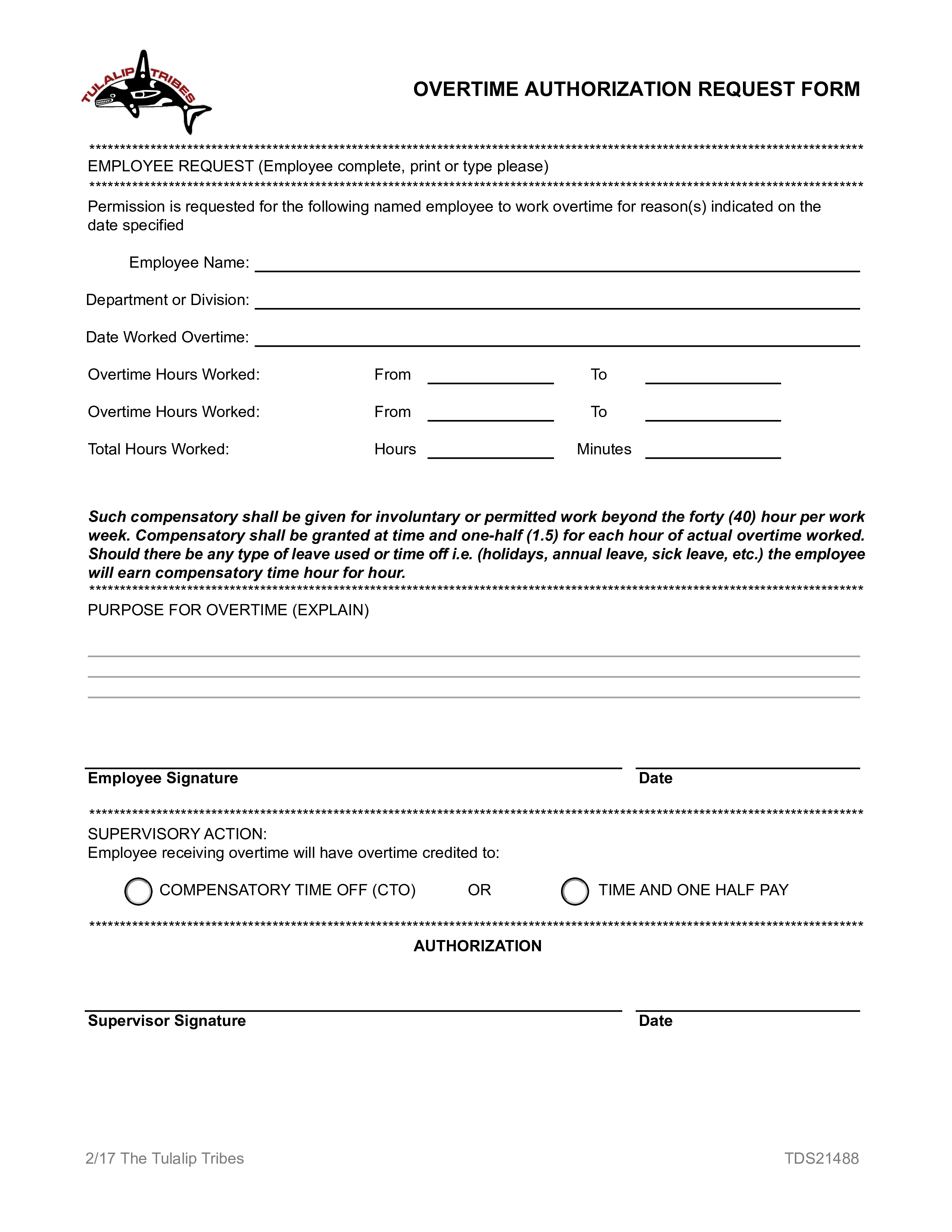 Overtime Authorization Request Form 模板