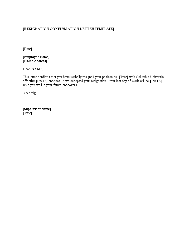 employee resignation confirmation letter template