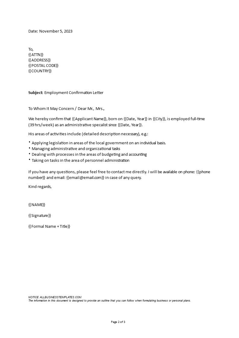 Kostenloses Employment Confirmation Letter sample