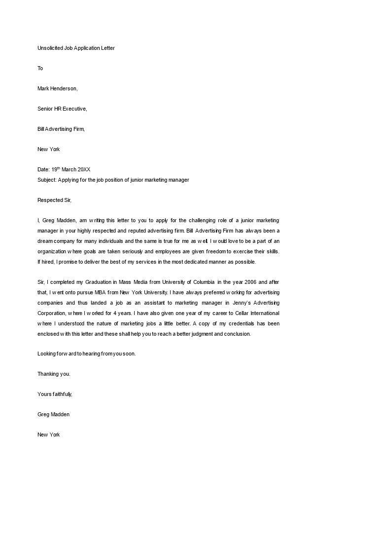 unsolicited job application letter  unsolicited