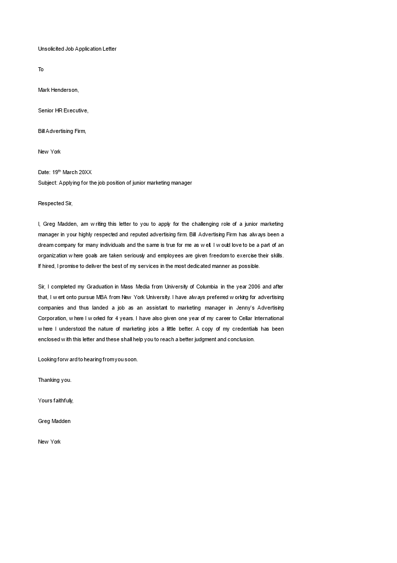 unsolicited job application letter modèles