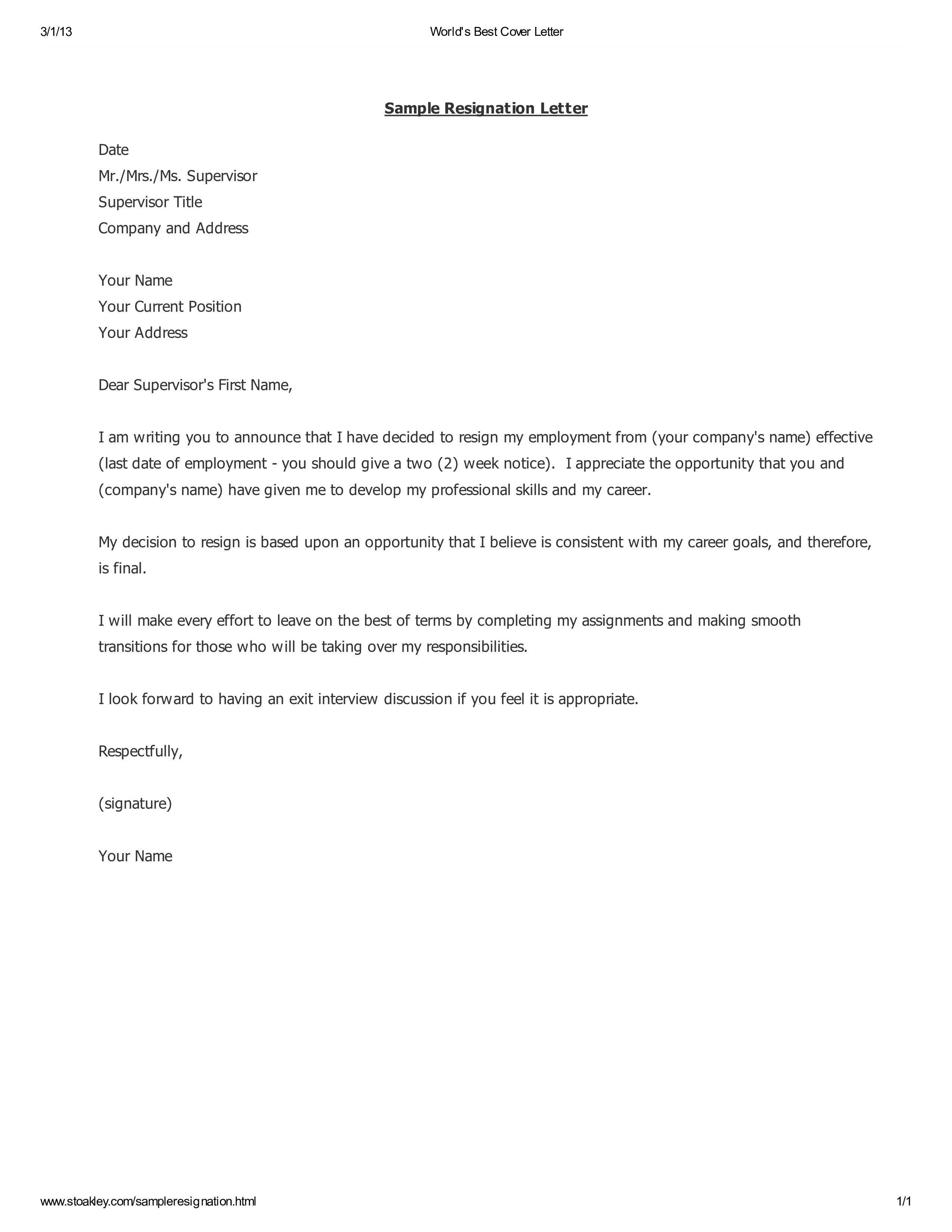 short resignation letter sample template