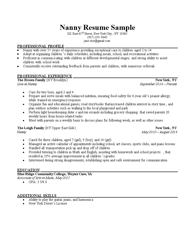 nanny cv template