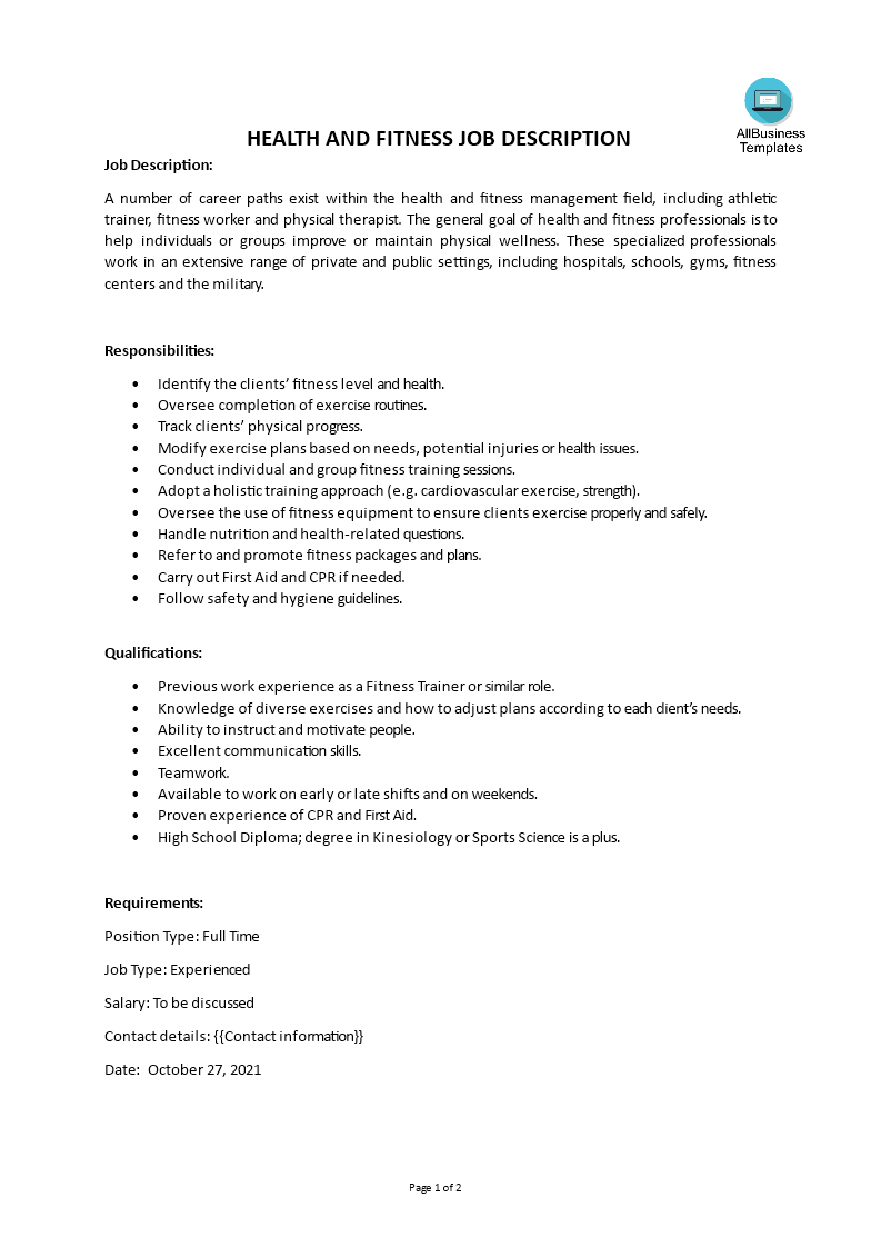 health and fitness job description template