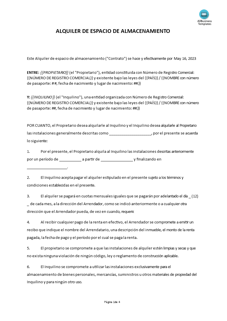 formulario de alquiler de espacio de almacenamiento modèles