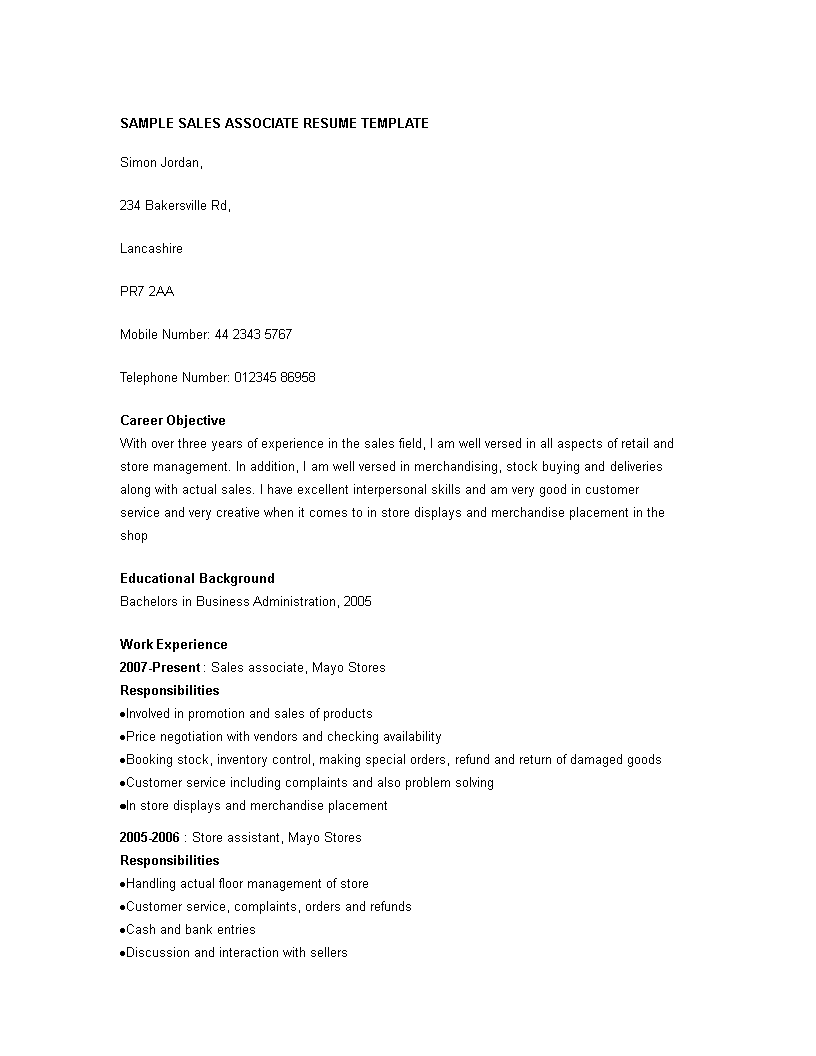 Sales Associate Resume Experience 模板