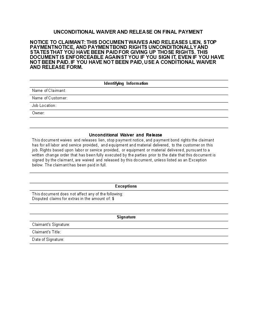 unconditional lien release form template