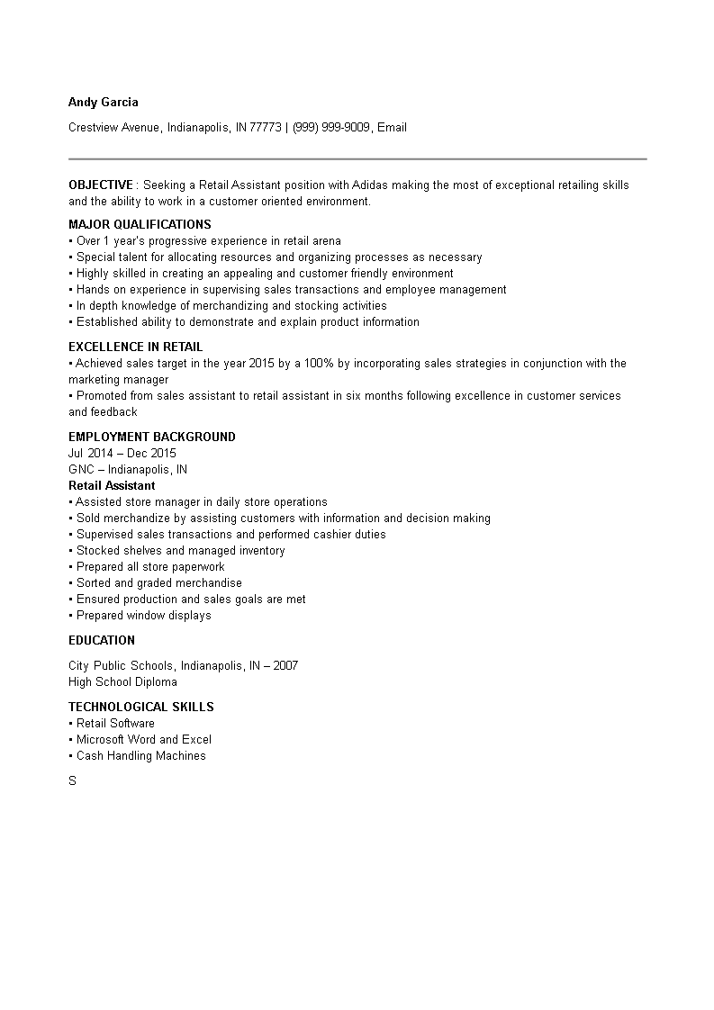 retail assistant resume template