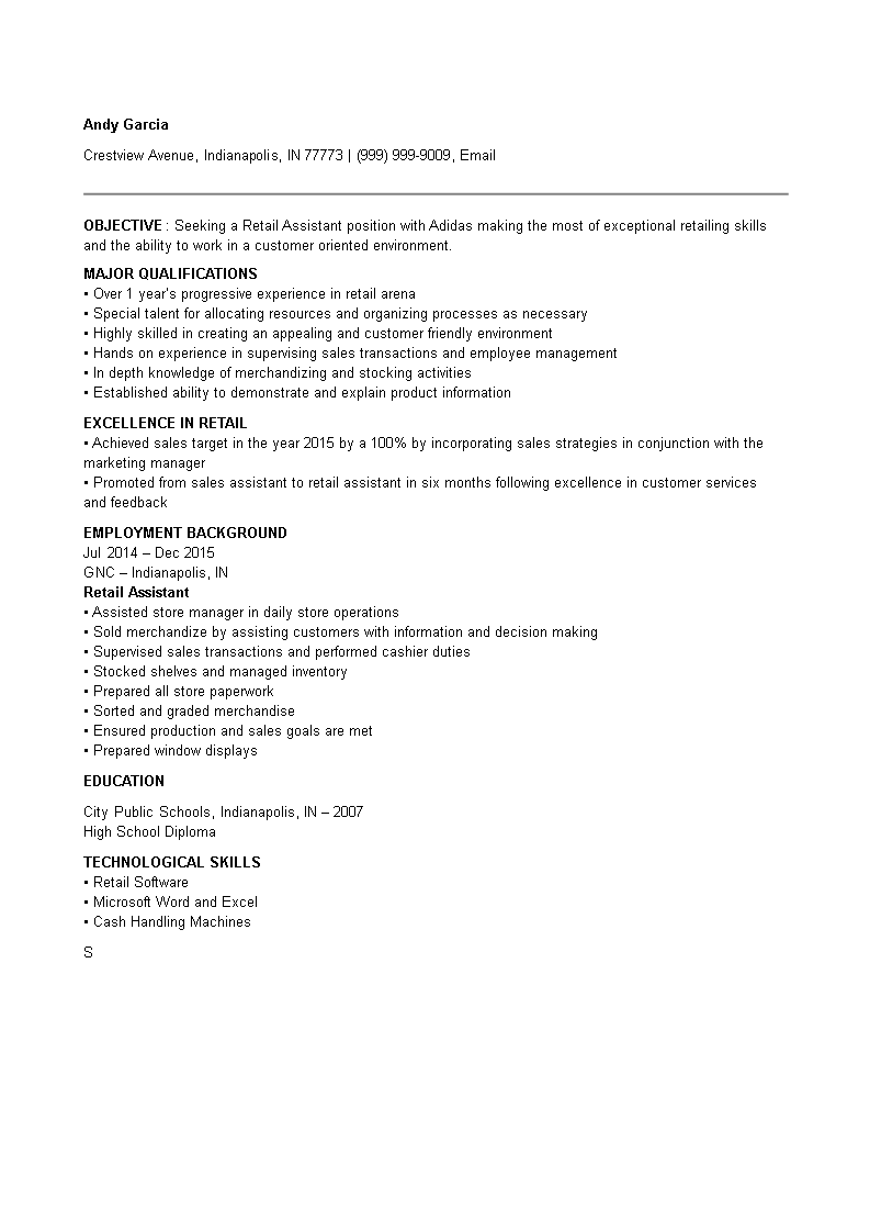 Retail Assistant Resume 模板