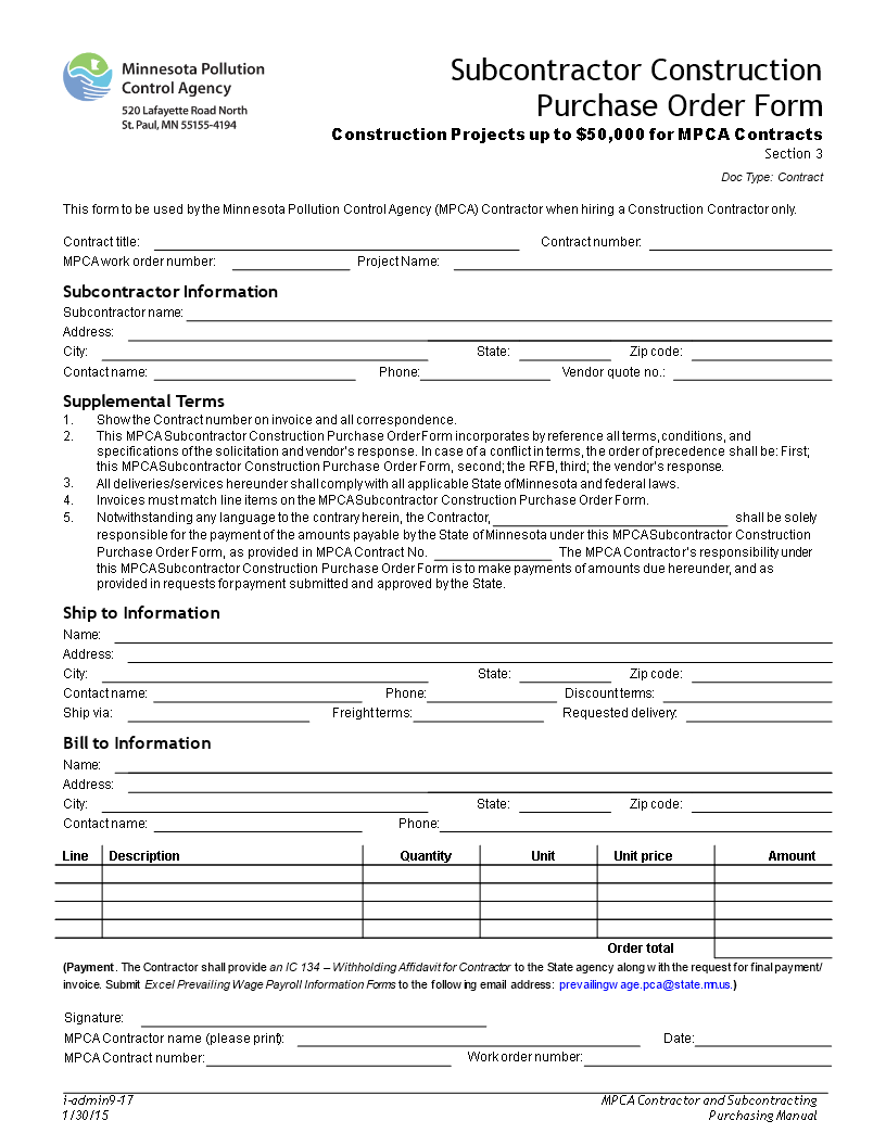 subcontractor construction purchase order form modèles