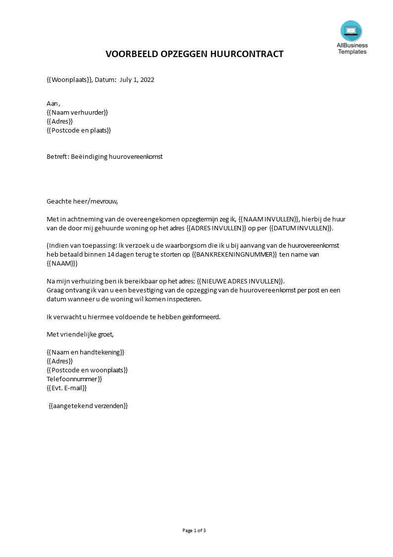 opzeggen huurcontract modelbrief voorbeeld afbeelding 