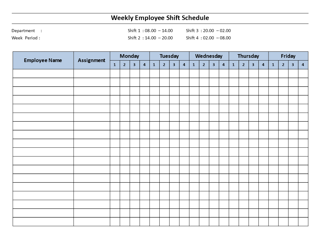 weekly employee shiff schedule mon to fri 4 shift template