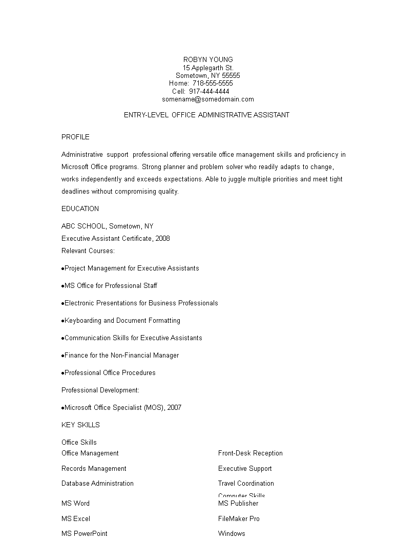 entry level office administration resume plantilla imagen principal