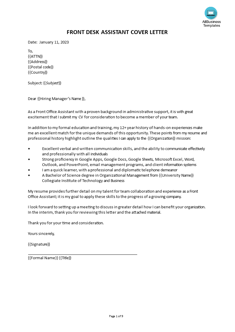 job application letter for front office executive modèles