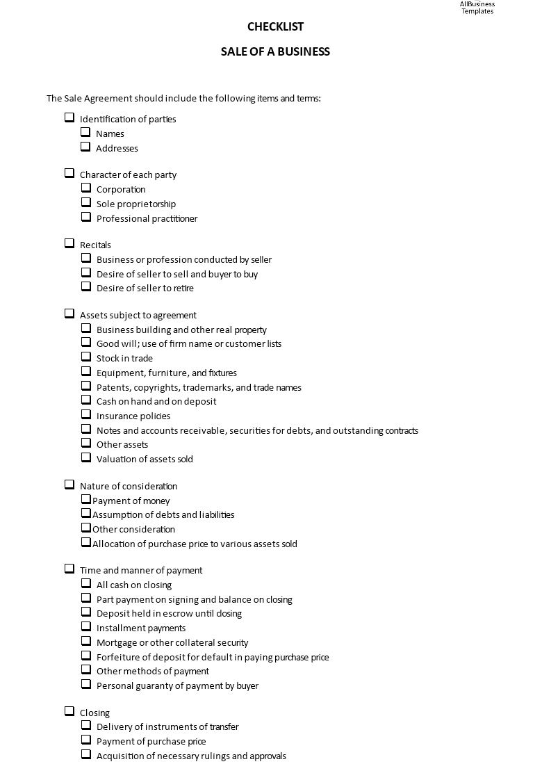 checklist sale of a business Hauptschablonenbild