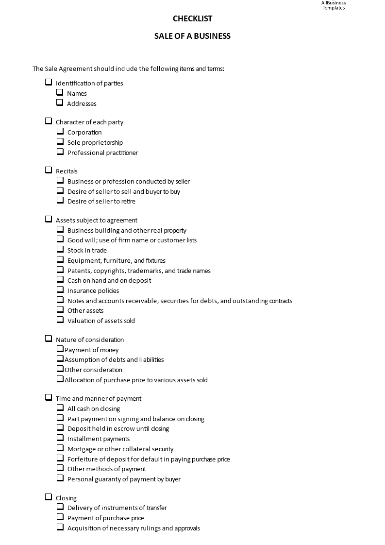 Checklist Sale of a Business 模板