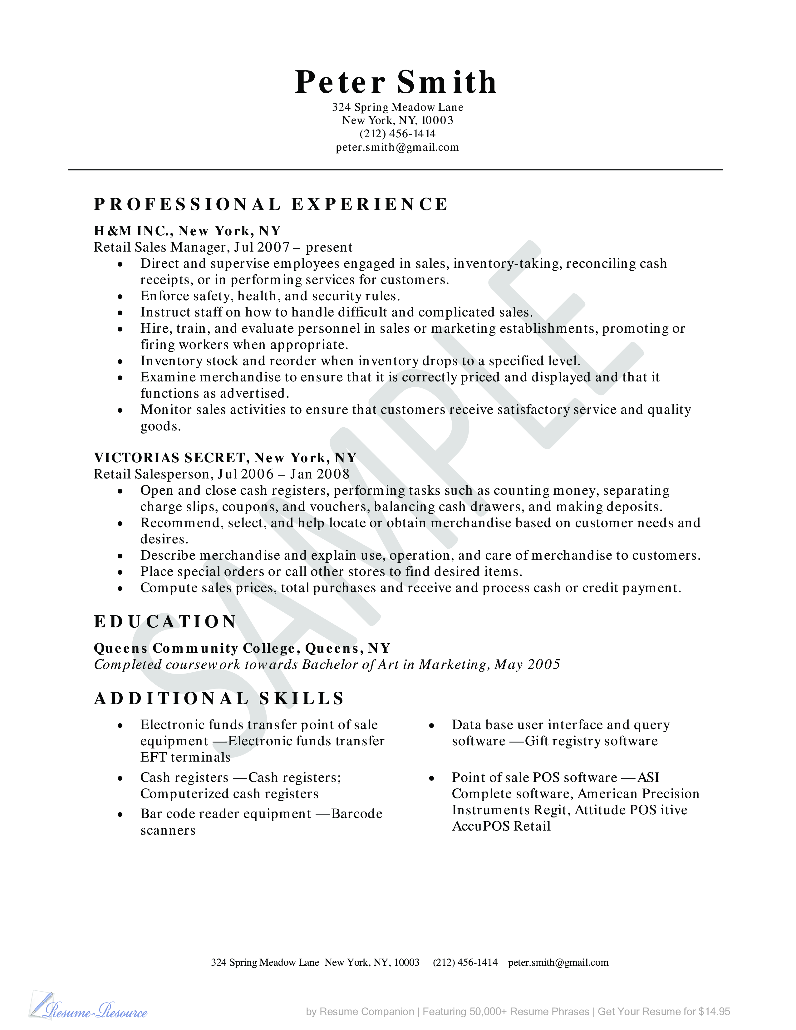 sample resume for retail sales position