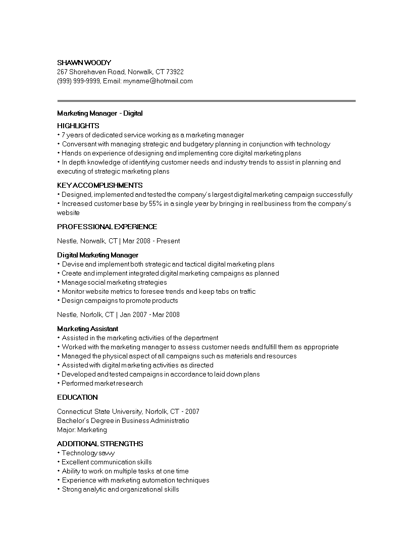 digital marketing manager curriculum vitae sample template