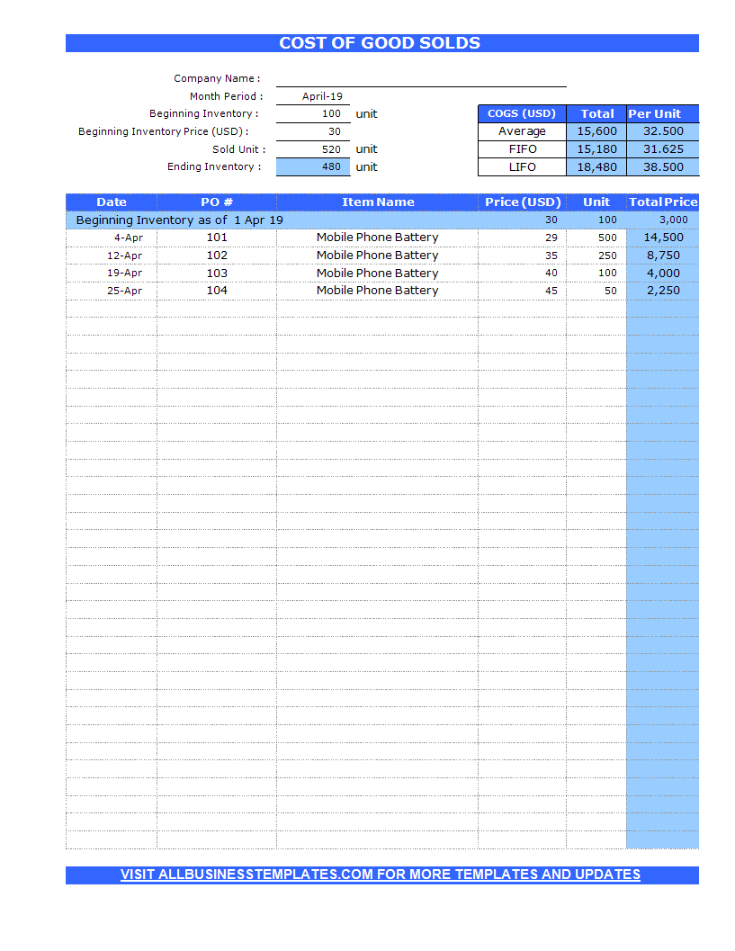 cogs calculator voorbeeld afbeelding 