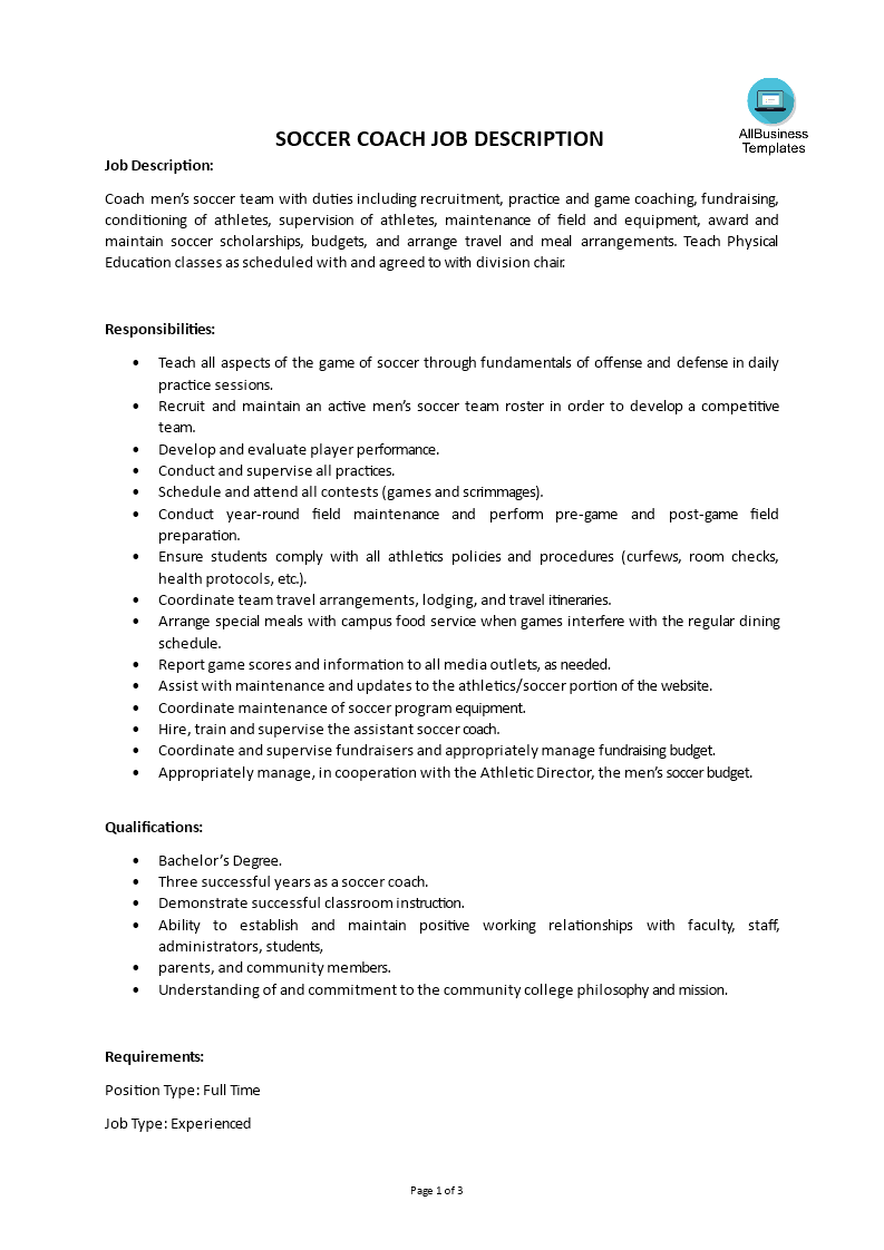 soccer coach job description template