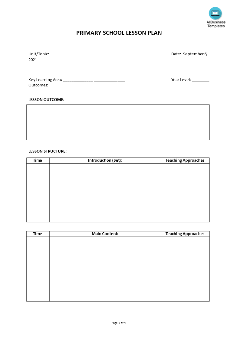 primary school lesson plan template voorbeeld afbeelding 