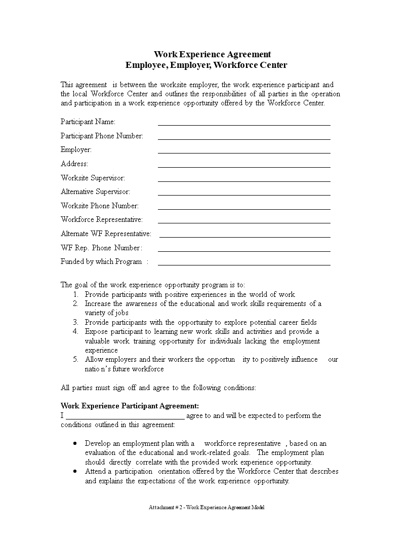 work experience agreement template