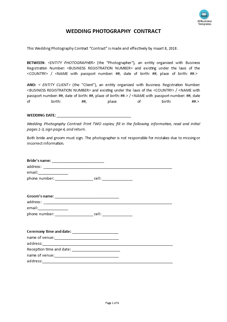 generic wedding photography contract modèles