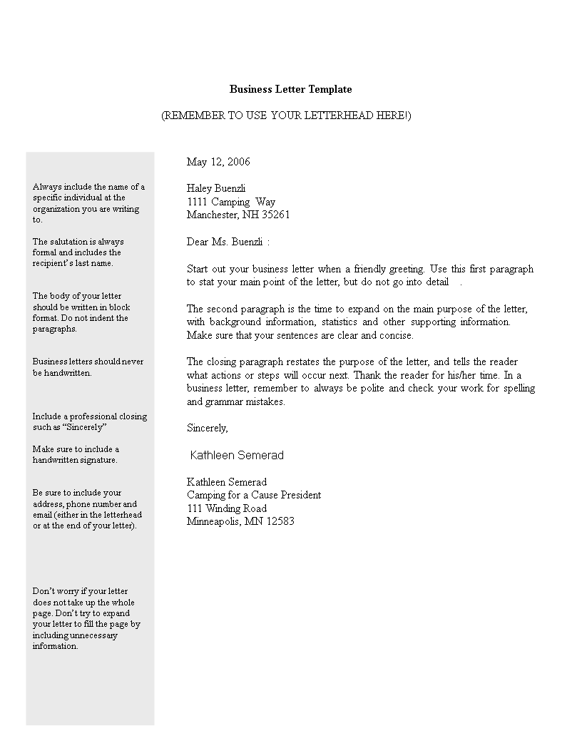 printable business letter template