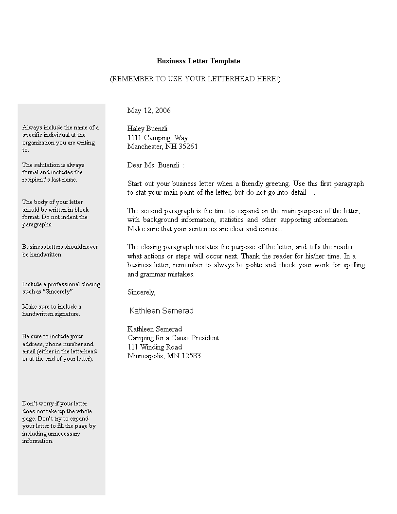 printable business letter modèles