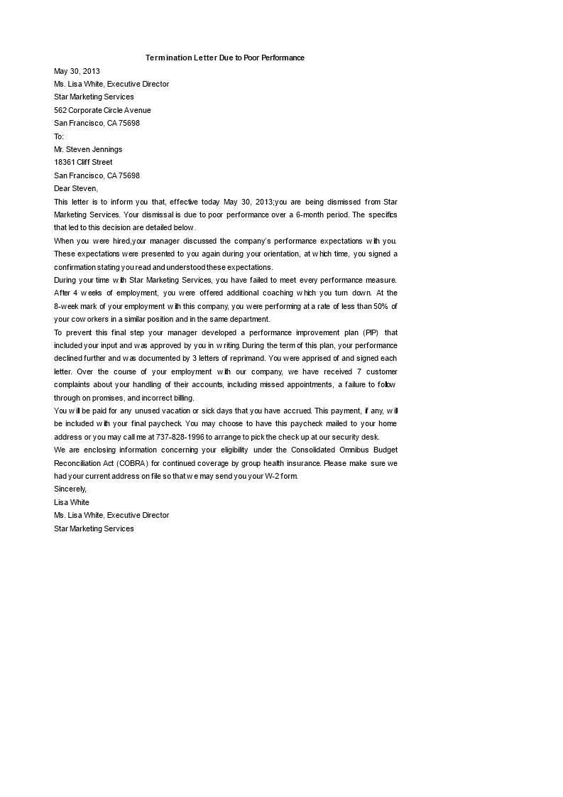 contract termination letter poor performance at workspace modèles