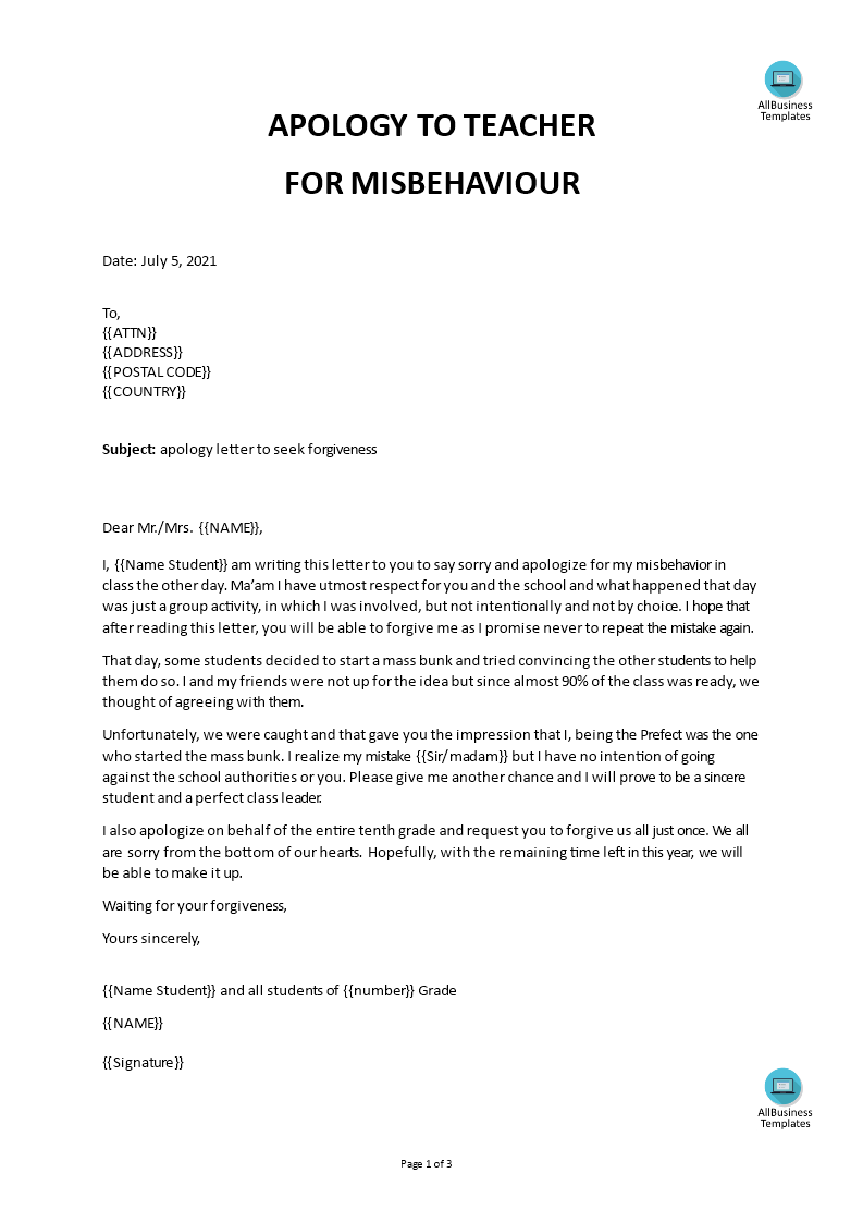 Kostenloses Apology Letter to Teacher template