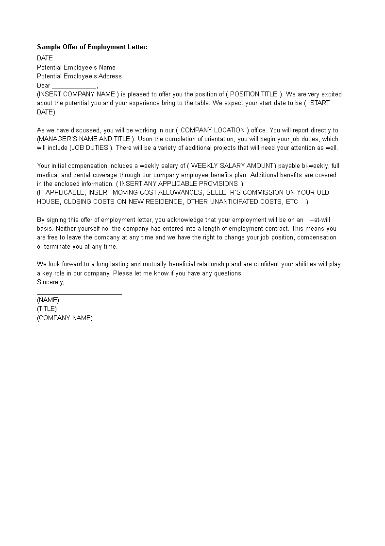 Kostenloses Company Employment Offer Letter