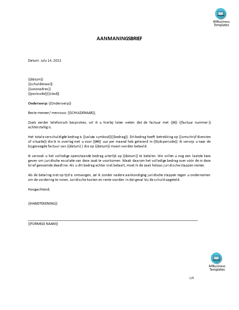 aanmaning betalingsbrief template