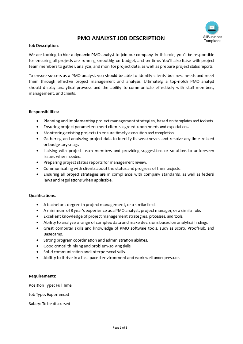 pmo analyst job description plantilla imagen principal