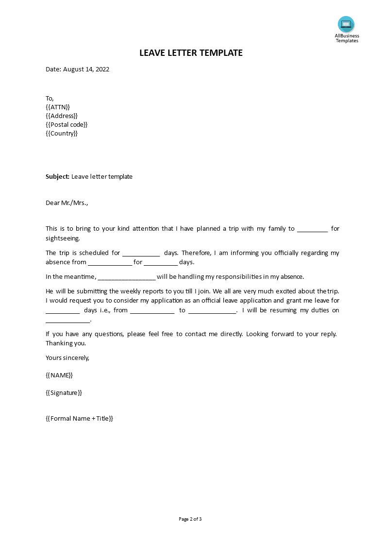 leave letter template template