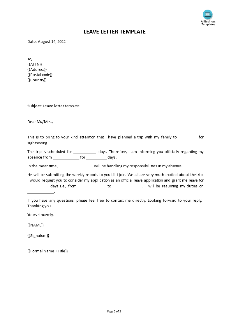 leave letter template voorbeeld afbeelding 