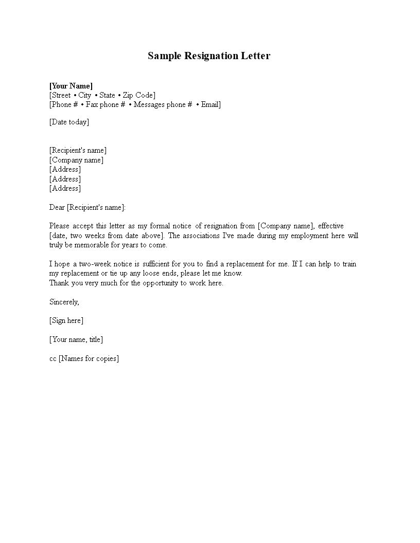 corporate resignation letter template