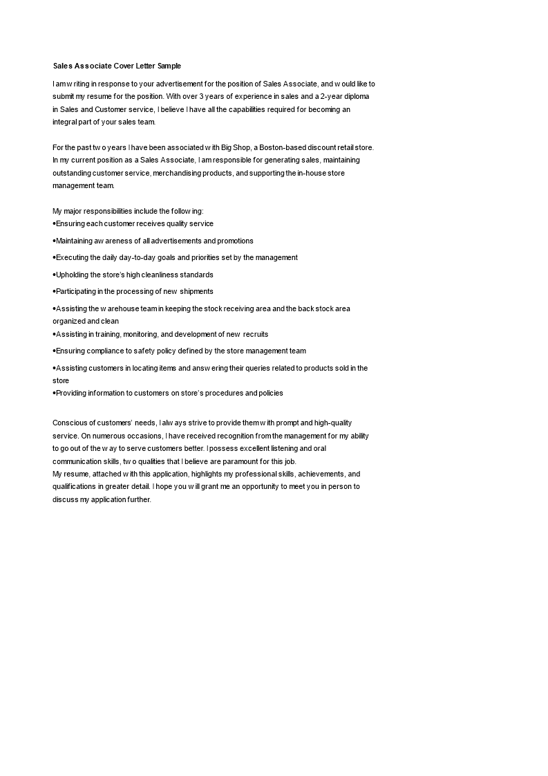 sales associate cover letter template modèles