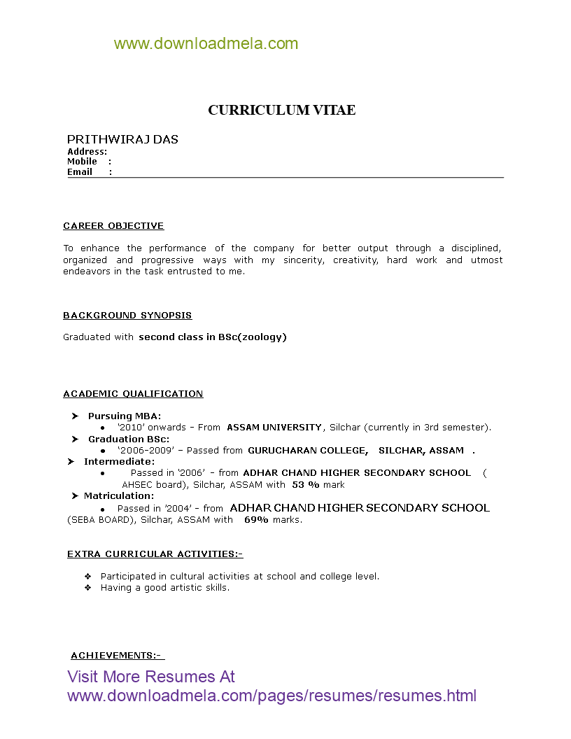 fresher mba hr resume modèles