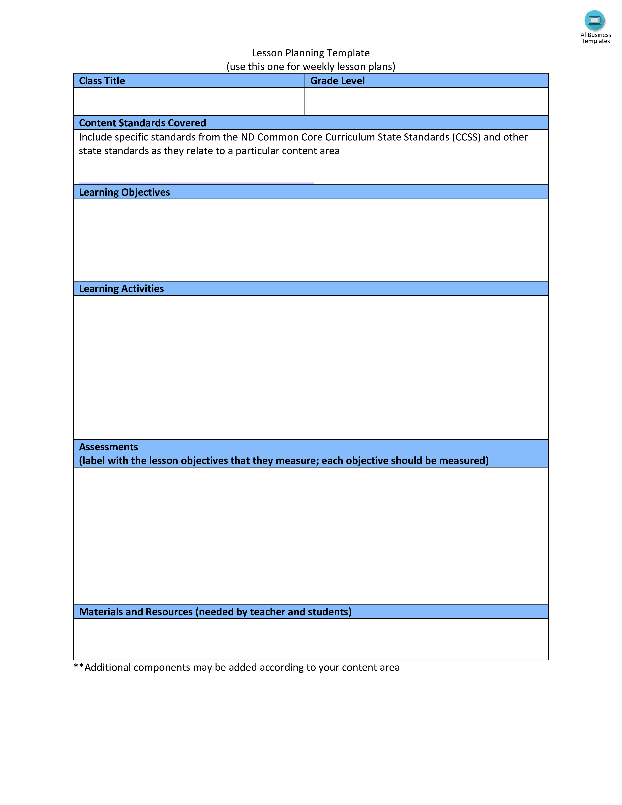 weekly common core lesson template