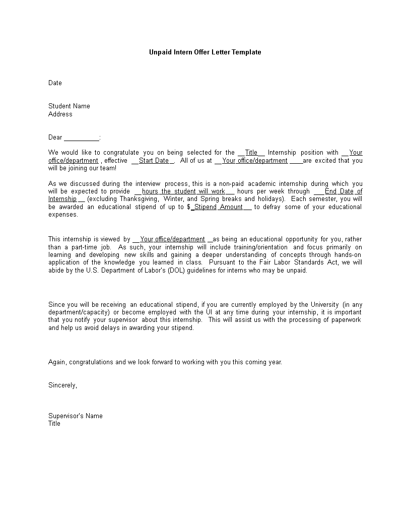 Unpaid Internship Appointment Letter  Templates at