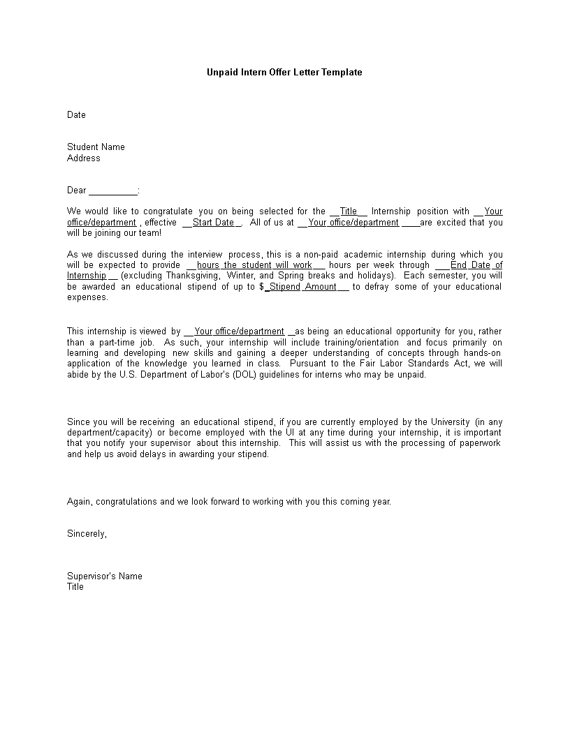 unpaid internship appointment letter template