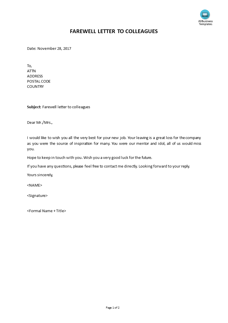 farewell letters to colleagues template