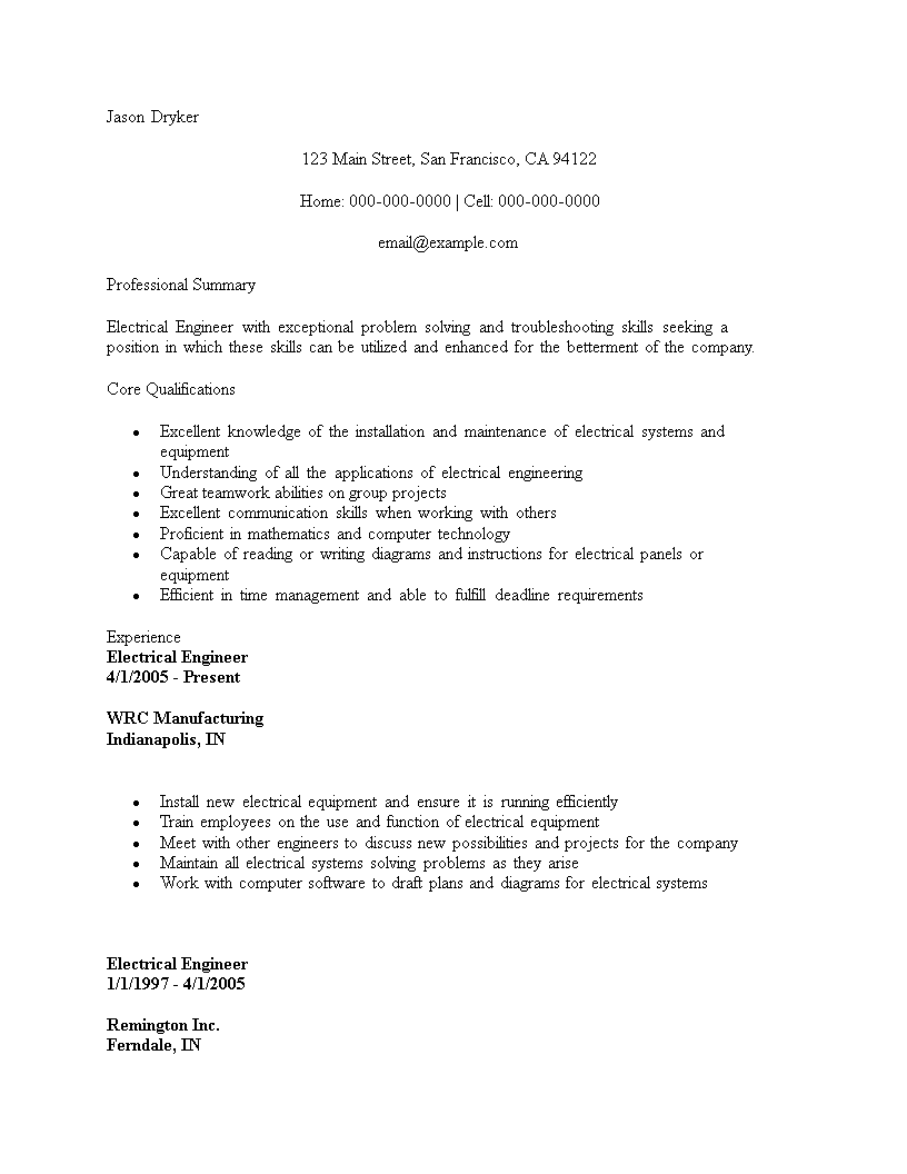 Sample Electrical Engineering Resume 模板