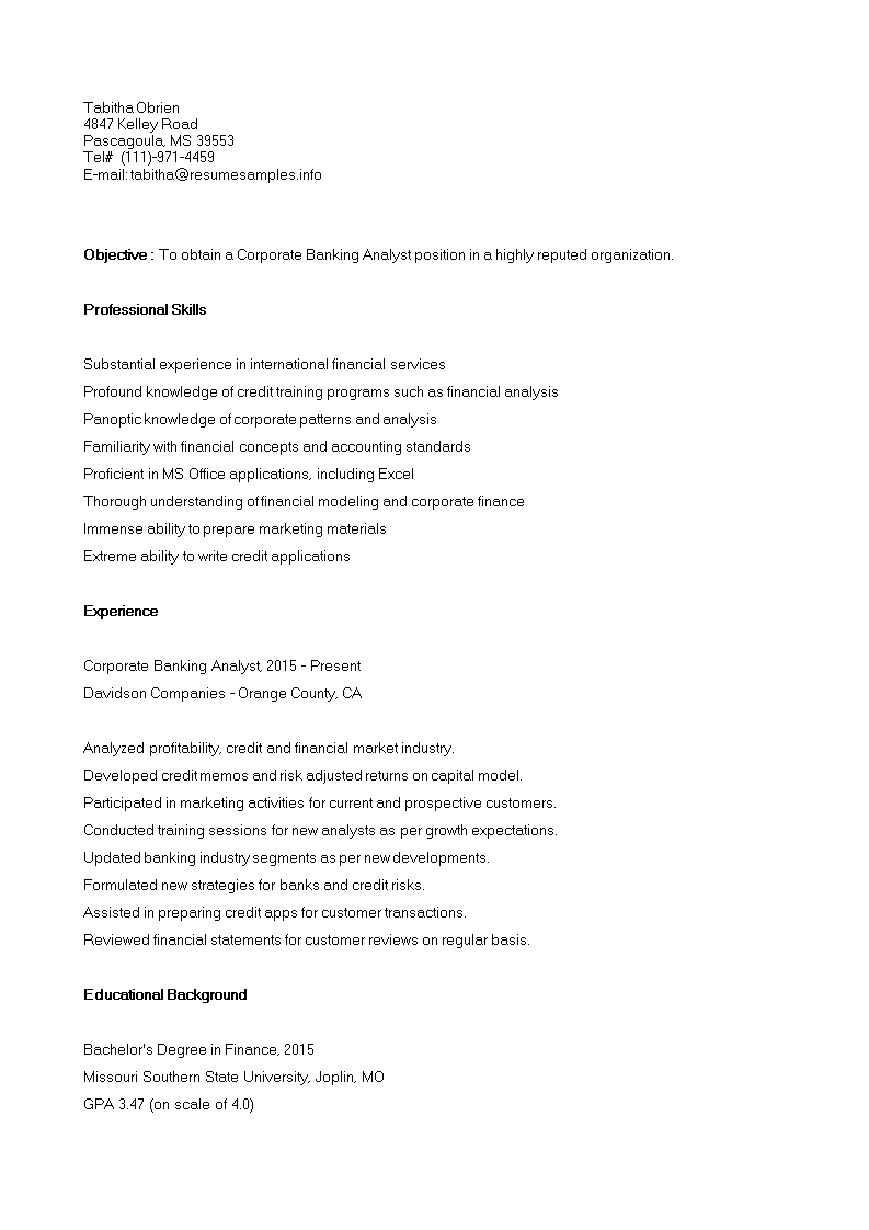 Corporate Banking Analyst CV sample main image