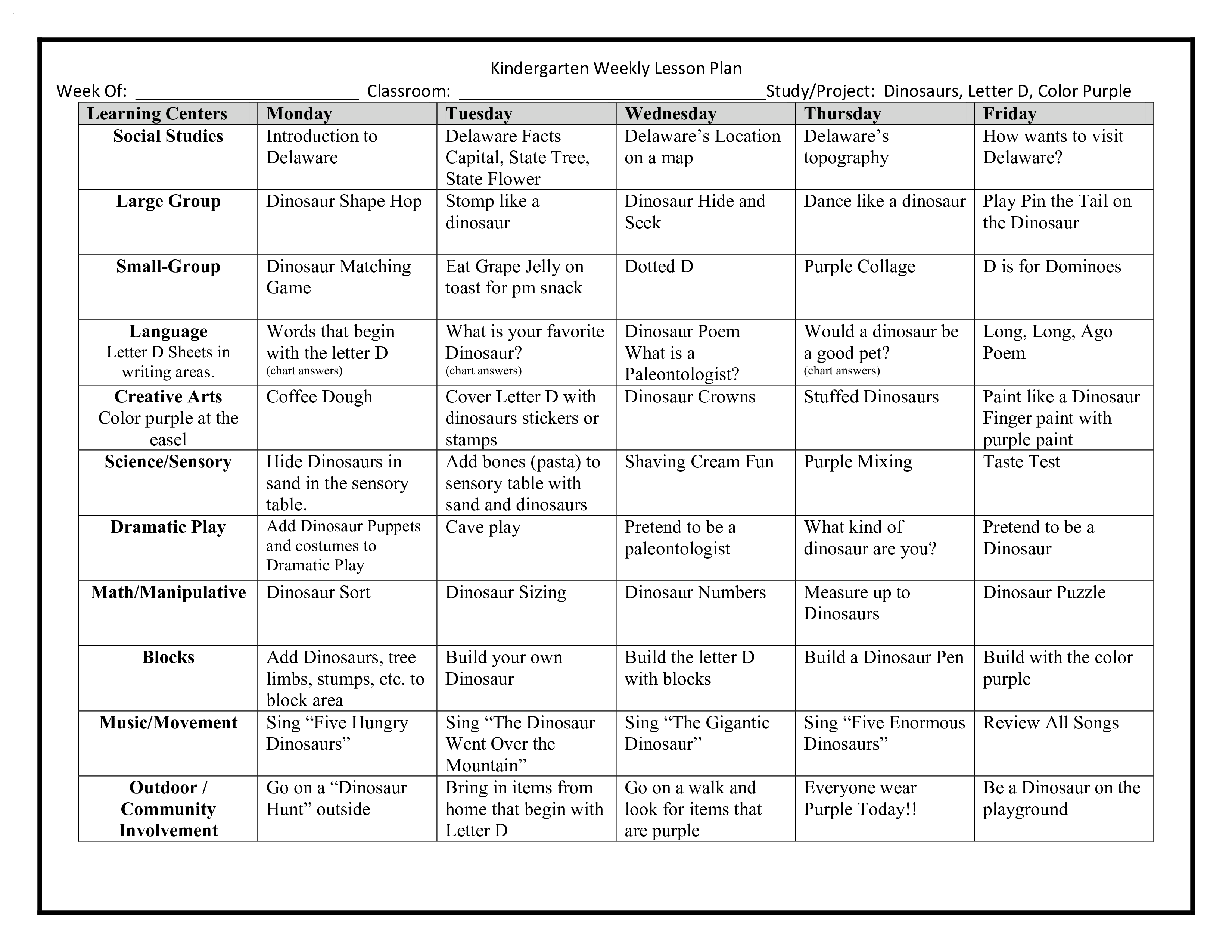 kindergarten weekly lesson plan modèles