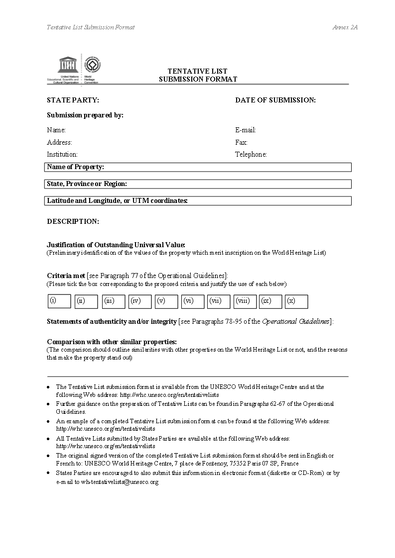 Unesco Tentative List Application form 模板