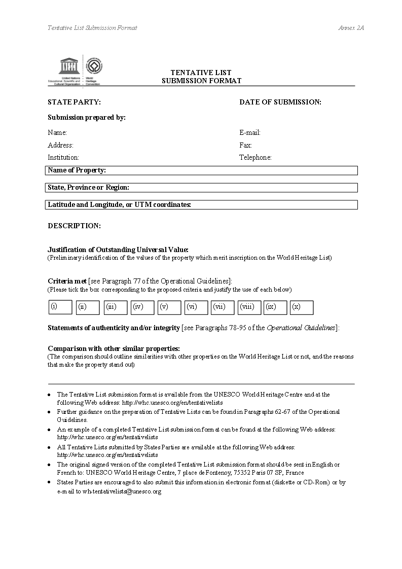 Unesco Tentative List Application form main image