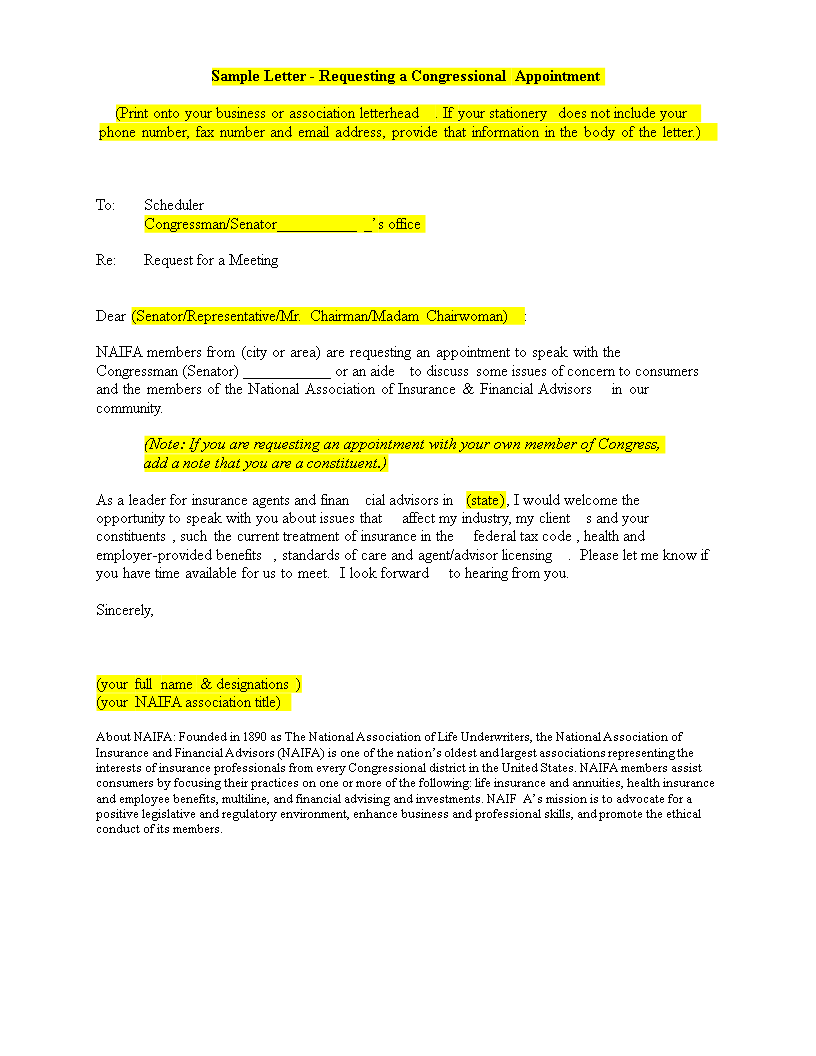 Kostenloses Sample Appointment Request Letter In Letter To Congressman Template