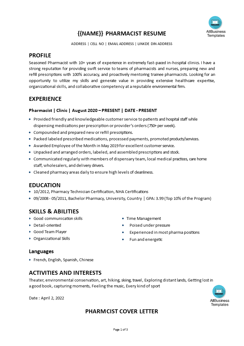 pharmacist curriculum vitae modèles